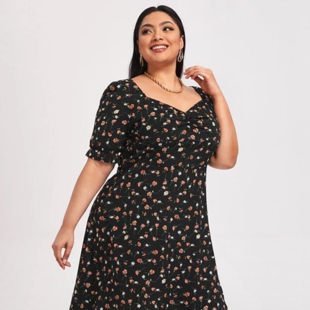 Plus Floral Print Tie Back Side Split Dress